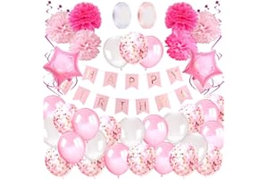 AIVATOBA Geburtstagsdeko Mädchen Happy Birthday Girlande Ballons Geburtstag Dekoration Set mit Luftballons Rosa, Seidenpapier Pompoms Rosa für Deko Geburtstag Taufe Mädchen