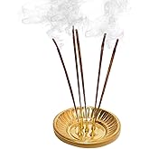 Pure Source India Brass Incense Holder for Pooja, Agarbatti Stand with Ash Catcher, Decorative Round 4 Inch Gold, Wooden Base