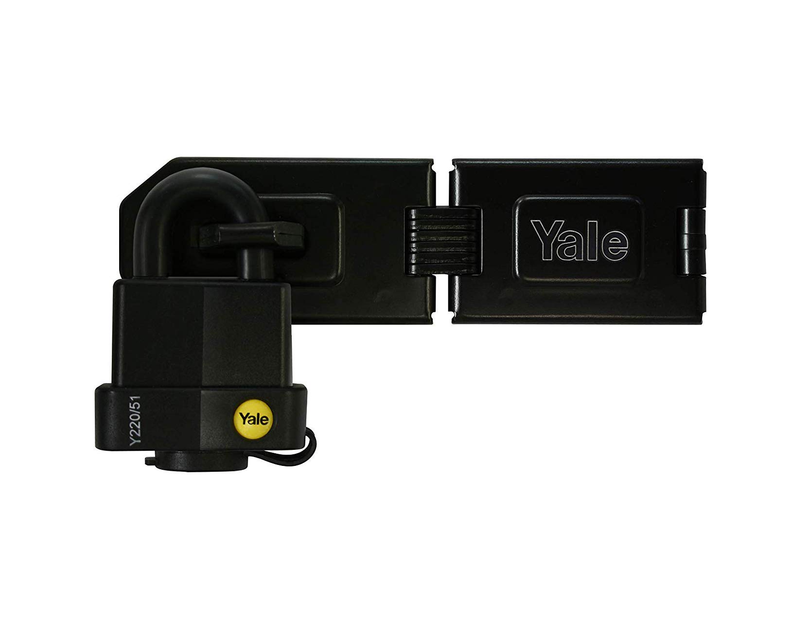 Yale Y220/51/118/HSP Hinged Steel Hasp And Weatherproof Padlock Set, 51mm Padlock Suitable For Outdoor Use. 160mm Black Hasp Suitable For Outdoor Applications