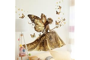 WandSticker4U®- XXL Pegatinas pared decorativas NIÑA y MARIPOSAS en dorado (110x112 cm) I Vinilos decorativos pared adolescentes chicas hada I Decoración habitación juvenil niña GRANDE COOL