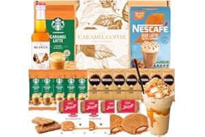 GIFT HARBOUR Coffee Gift Set Biscuit Hamper - Monin Caramel Syrup, Coffee Lovers Gifts for Men, Coffee Gift Hamper, Iced Latte Salted Caramel, Instant Coffee Selection with Biscoff & Jumbo Stroopwafels