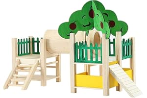 ANCLLO Domki dla chomików i kryjówek szczur, plac zabaw, platforma do aktywności, willa z tunelem rurowym, drabinka wspinaczkowa, naturalne drewniane zabawki, ogrodzenia i dachy