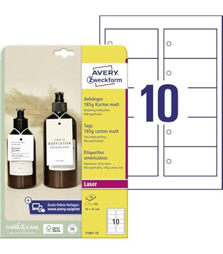 AVERY Zweckform T3004-10 stevige hanger 120 stuks incl. koorden (60mm op A4, aan beide zijden bedrukbare producthanger, scheurvaste, duurzame cadeauhangers, prijsaanhangers) folie, wit