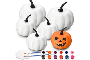 Sinmoe 6 Pcs Artificial Foam Pumpkins Decorations DIY Painting Kit 6 White Lifelike Pumpkins 2 Brushes 1 Palette 6 Colors Gifts for Kids Halloween Autumn Fall Harvest Thanksgiving Birthday Decor