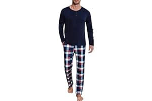 Uniexcosm Pijama Hombre Largo Invierno Algodon Conjunto de Pijama de Hombre 2 Piezas Cuello Redondo Ropa De Dormir Top Manga Larga y Pantalones a Cuadros