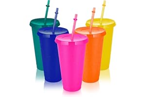 XOCOME Pack of 5 Drinking Cups with Straw and Lid - 24 oz Plastic Cups Smoothie Coffee Mug To Go Travel Mug Cup for Children Adults Reusable Plastic Cups