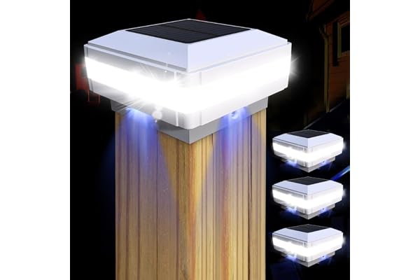 GEYUEYA Home Lot de 4 Lampes Solaires Chapeau Poteau Bois, IP65 étanche Solaire Lumières Lampe Solaire de Jardin Extérieures pour poteaux de clôture 71 mm/91 mm/96 mm/101 mm/11 mm/121 mm (98 x 98 mm)