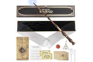 YANGUN Elderstab Zauberstab Glühen, 38 cm Dumbledore Zauberstab mit Licht, USB Aufladung Zauberstabs Dumbledore in Geschenkbox, Kinder Zauberstabs mit Bahnhofskarten, Spruchkarten, Halsketten, Siegel