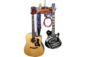 HILER PUNK Gitarrenwandhalterung,Massivholz Gitarrenwandaufhänger mit 3 Aufbewahrungshaken und 2 drehbaren Gummi Gitarrenaufhängern,Gitarrenständer mit Ablage und Plektrum Halter