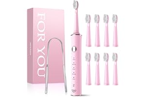 JTF Brosse À Dent Électrique Sonique avec Gratte Langue, 8 Têtes de Brosse, 5 Modes et Mémoire Intelligente, Minuterie de 2 Minutes, Étanche IPX7, Rechargeable, Charge Rapide 3H, Adulte (Rose)
