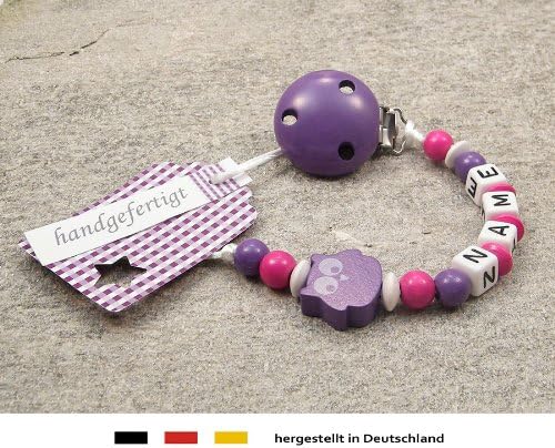 Personalised Baby Dummy Clip | Pacifier Holder with preffered Name – Girls Motif Purple owl | Beststeller from Germany