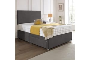 SANA SLEEP Premium Plain Fabric Divan Bed Set With Mattress, 2 Drawers (Same Side) and Headboard 4FT6 Double - Grey Suede