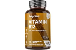 Vitamin B12 – 500 mcg per tablett – 365 veganska tabletter – 1 års förbrukning – Ren metylkobalamin – Vitamin B12 bidrar till nervsystemets normala funktion (EFSA) – Glutenfri – WeightWorld