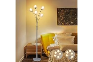 Depuley Lampa podłogowa 5 LED Szklana kula z elastycznym czytnikiem i przełącznikiem nożnym, nowoczesny design, srebrna metalowa lampa stojąca, do sypialni, salonu, 177,5 cm (żarówki G9 nie są