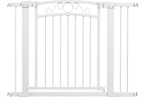 PawHut Barrera para Perros con Cierre Automático, Puerta para Perros 76-104 cm, Barrera de Seguridad con 2 Extensiones 7/14 cm, Fácil Montaje, Doble Bloqueo, para Escaleras y Puertas, Blanco