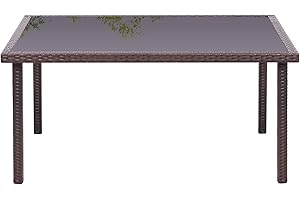 The Fellie Patio Table Garden Rattan Table Tempered Glass Table Top Coffee Table Outdoor Bistro Table (Brown, Rectangle Table)