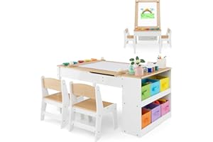 RELAX4LIFE Mesa Infantil con 2 Sillas, Mesa y Silla Infantil de Madera para Niños con Encimera Elevable, 2 Espacio Interior, 6 Cajones de Tela, 4 Tazas para Pintar y Rollo de Papel (Natural)