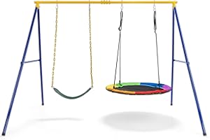 COSTWAY Set Altalena da Giardino per Bambini, Struttura di Metallo ad A con 1 Sedile in EVA Morbido e 1 Altalena Nido, Capacità 300kg, Ideale per Giardino Cordile e Parco Giochi