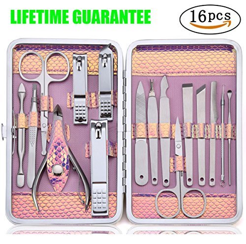 Keiby Citom Manicure Pedicure Set Nail Clipper Grooming Kit Professional Stainless Steel Scissors 16 In 1 With Travel Leather Case (Pink)