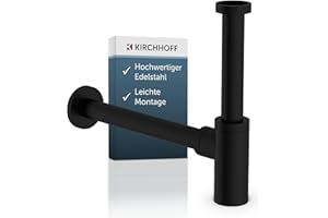 Kirchhoff Design Siphon, Matt Schwarzer Abfluss, Ablaufgarnitur für Waschbecken und Waschtisch, Geruchsverschluss mit Reinigungsöffnung, Flaschensiphon, Abflussrohr, 98166220