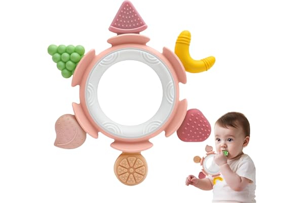 Grignoteuse Tetine en Silicone Forme Fruit, Anneau Facile à Saisir pour Enfant Jouet Dent Douleur Sensoriel 0 3 6 12 Mois, Sucettes et Anneaux de Dentition, Cadeau Noël Anniversaire Fille Garçon, Rose