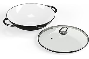 TOCIS BIG BBQ ToCi Wok, Poele Wok Induction avec Couvercle, Woks et Poêles à Frire Émaillés, en Fonte, Poignées, Antiadhésif et Profond pour Plaque Cuisine à Induction, Vitrocéramique, Gaz, Electrique