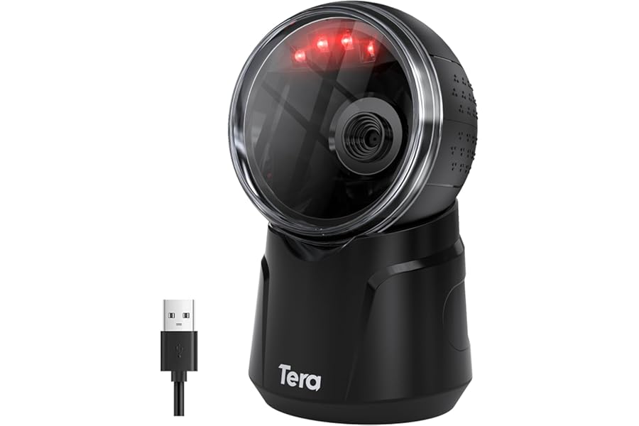 Tera Barcode Scanner Desktop Omnidirectional: 1D 2D QR Hands Free USB Wired Bar Code Reader Adjustable Scan Head Plug and Play for POS Supermarket Retail Store Mobile Payment Model 9000