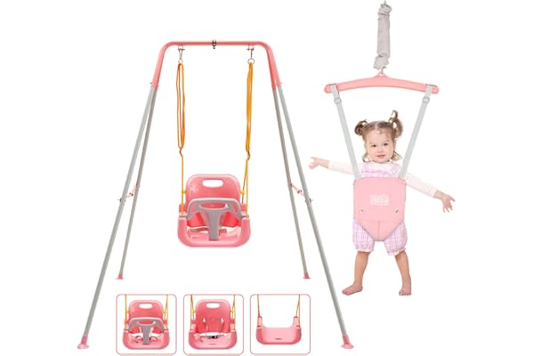 FUNLIO balançoire 2 en 1 pour bébé avec Sièges sauteurs Suspendus, pour Enfants avec 4 Sacs de Sable, Support en métal Pliable en intérieur/extérieur pour Porte, Facile à Assembler - Rose