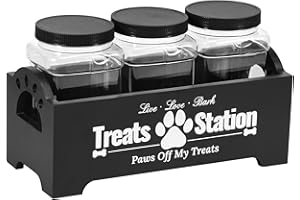 KTCINA contenitore per cibo per cani, 29 x 13 x 13 cm, con 3 barattoli per alimenti, contenitore per cani, cani, gatti, snack e biscotti (nero)