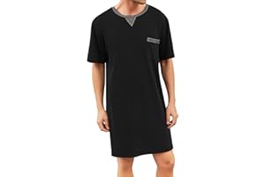 Enjoyoself Pijama de algodón para Hombre, Suave, Transpirable, Longitud hasta la Rodilla, Camisa de Noche de Manga Corta, Ropa de Dormir para Descansar