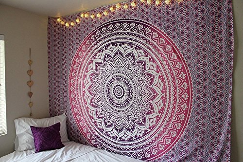 Psychedelischer Wandteppich im indischen Stil / Hippie-Stil / Bohemien-Stil, Ombre-Mandala-Motiv, Violett-Pink, Größe: Twin-Size-Large - 3
