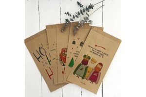 Happymots Pack 20 Bolsas Regalo Navidad | 10 Bolsas Papel Kraft con fuelle + 10 Sobres papel Kraft | Mensajes Navideños