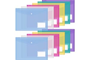 Simpolor 12PCS Plastic Envelopes, A4 Letter Size Poly Envelopes File Folders, Translucent Document Wallet Pouch with Label Pocket & Snap Closure for School and Office Supplies, Assorted Color