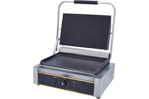 MOOTACO Plancha Électrique Machine à Panini Parfaite professionnel, Régulateurs de Température 50-300° C, pour De La Viande Des Steaks Des Calmars Des Crêpes Sandwichs Hamburgers Bacon(à moitié rainurées)