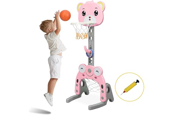 COSTWAY Panier de Basket Enfants 3 en 1 avec Hauteur Ajustable 133-158cm, Support de Basket Solide avec Motif de Ours et Grenouille, Anneau Amovible, But de Football Intérieur et Extérieur (Rose)