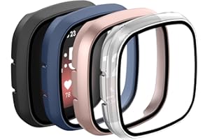 AMCC Cases compatible with Fitbit Sense/Fitbit Versa 3 Screen Protector, Hard PC Plated Full Coverage Screen Bumper Full Sensitive Cover (Black+Rose gold+Navy blue+Clear)