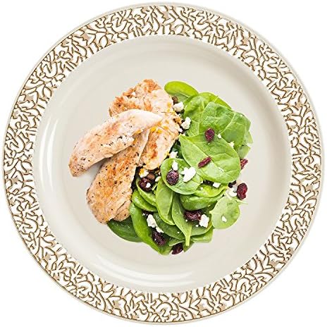 [10 PACK] Lace Collection Elegant Premium Plastic Disposable Party Dinner Plates (10.25" - 26cm Dinner Plates, Cream &amp; Gold)