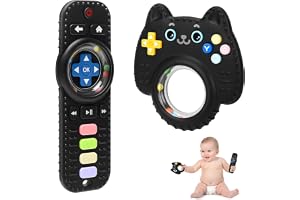 Silicone Teething Ring Toy for Baby 3-12 Months, Remote Control Shape Rattle Teether for Sensory Play, BPA Free Chew Toy for Infant 0-6 6-12 Months (Black-2Pack)