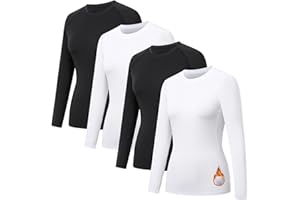 HYCOPROT 4-pak damskich termicznych koszulek kompresyjnych z długim rękawem z podszewką polarową, sportowe topy zimowe, bielizna treningowa