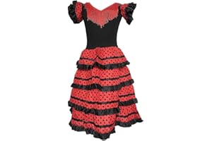 La Senorita Flamenco Hiszpańska sukienka kostiumowa dla dziewcząt, dzieci, czarno-czerwona, rozmiar 128-134, długość 85 cm