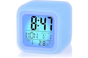 OYIFAN Kids Alarm Clock, Digital Alarm Clock, 7-Color Changing Night Lights, Alarm Clocks Bedside with Temperature, Snooze, Calendar, Easy to Set Travel Alarm Clock, Battery Operated, Gift for Boys and Girls