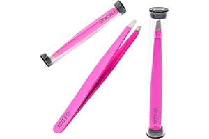 ACZET Eyebrow Tweezers, Professional Stainless Steel Precision Tweezers for Eyebrows Plucking, Ingrown Hair Remover (Pink)