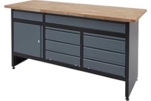 BiGDUG Garage Workbench Drawer Cabinet - Workshop Storage Workstation - 842H x 1709W x 600D mm - 8x Drawer & 1 Door Cupboard - Black/Grey