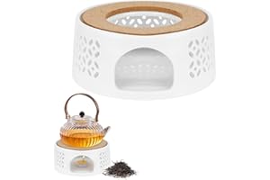 FARNIRVANA Stövchen für Teekanne, Teewärmer aus Keramik, Hohl Geschnitztes Design, Stövchen Keramik mit Korkmatte, Teekannenwärmer für Wärmeerhaltung von Tee Kaffee - Weiß