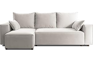 4ALL HOME Ecksofa mit Schlaffunktion Tobi 246x145 cm - Couch - Sofa mit Bettkasten - Eckcouch - L-Form - Schlaffsofa - Schlafsofa mit Bettkasten - Universal (Velo 621 Weißer Papirus)