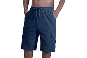HOTIAN Short d'été pour homme - Short cargo en lin pour homme - Cordon de serrage - Avec poches - Coupe décontractée - Short de course