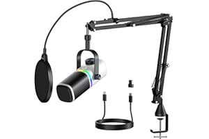 Aokeo AK-10 Microfono da gioco USB con braccio microfono, microfono a condensatore per PC/MAC/PS4/PS5/Phone-cardioide Mic con illuminazione RGB (bianco)