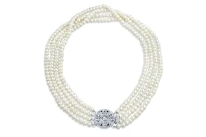 BLING JEWELRY Antique Vintage Art Deco Style Wide Statement Bridal Four Multi Strand White Freshwater Cultured Pearl Choker Bracelet Necklace For Women, Wedding Silver Plated Brass 7.5"