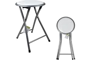 Marko Furniture Round Folding Kitchen Breakfast Stool Chair Silver Frame Seat (White)