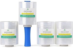 BOMEI PACK Lot de 4 rouleaux Film étirable avec poignée en plastique, Palette Wrap transparent 12,7 cm x 305 m pour palettes, fournitures de déménagement et film rétractable